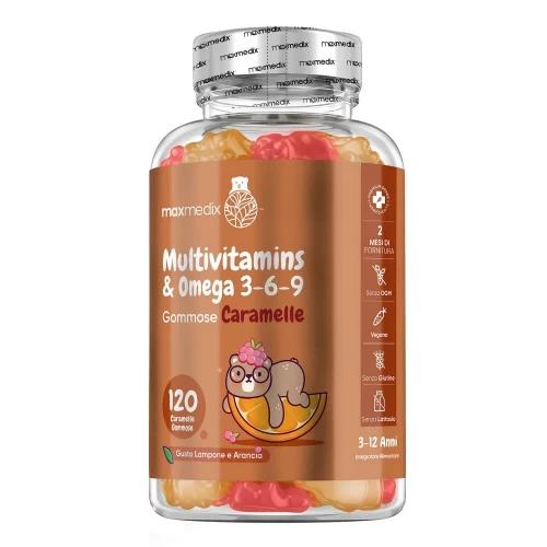 Vitamine Bambini 120 Gommose (2 Mesi) Con Omega 3 6 9, 12 Vitamine Con Zinco E Inositolo, Senza Glutine, Multivitaminico Bambini, Gusto Di Lampone E Arancia, Per Vegetariani, Adatto Dai 3 Ai 12 Anni