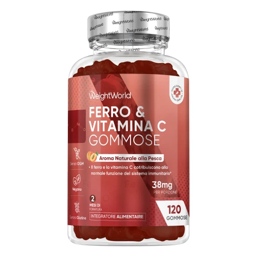 Ferro & Vitamina C - 120 Gommose (28 mg) - Gusto Pesca - Per Energia e Sistema Immunitario - 2 Mesi di Scorta