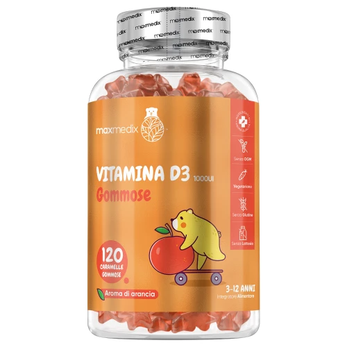 Vitamina D3 1000 UI per Bambini - 120 Caramelle Gommose - Colecalciferolo per Ossa e Denti - 4 Mesi di Scorta - Gusto Arancia