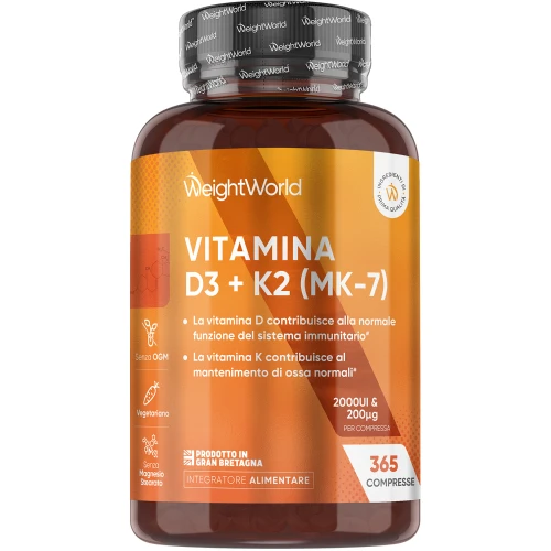 Vitamina D3 e K2 2000 ui - 365 Compresse - Benessere ossa, articolazioni e difese naturali